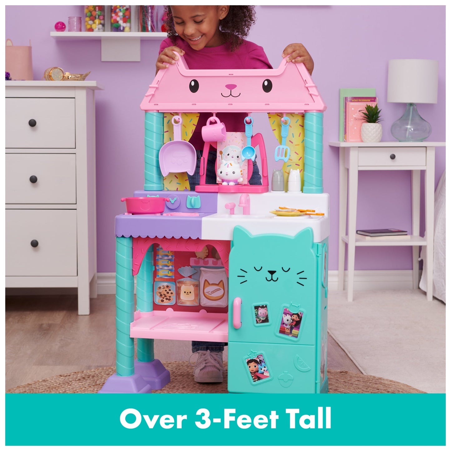 Gabby's Dollhouse Cakey Cat Kitchen Set for Kids, 3ft Tall Play Kitchen with Sounds & Accessories