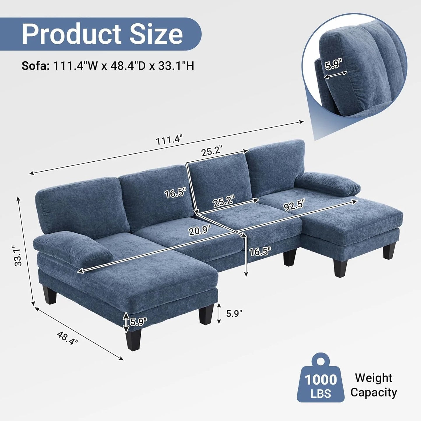 VINGLI 110" Sectional Couches for Living Room,U Shaped Couch with Double Chaise, 4-Seat Sofa Set with Chenille Fabric for Home Furniture,Beige