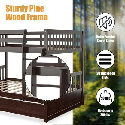 Solid Wood Full Over Full Bunk Bed Frame With Trundle Safety Ladder Amp Guardrails Convertible Bunk Bed For Kids Teens