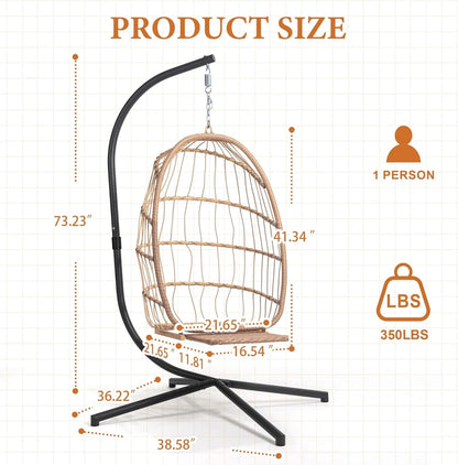 Yechen Indoor Outdoor Egg Hanging Chair with Stand, Patio Wicker Swing Egg Chair Indoor Swinging Chair Outdoor Hammock Egg Chair 350lbs Capacity for Patio Bedroom Balcony, Charcoal Grey (EG-001)