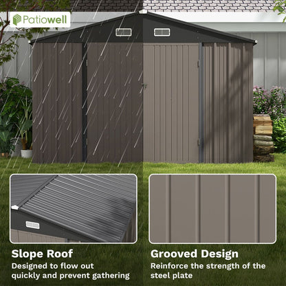 Patiowell 10×10 ft Metal Storage Shed, Sloping Roof, Double Lockable Doors, Galvanized Steel, Coffee Brown