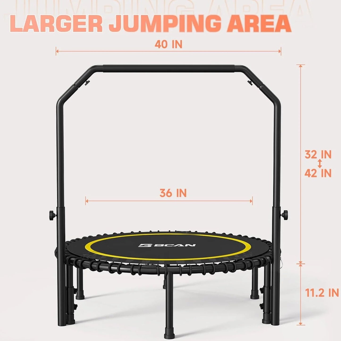 BCAN 450/550 LBS Foldable Mini Trampoline, 40"/48" Fitness Trampoline with Bungees, U Shape Adjustable Foam Handle, Stable & Quiet Exercise Rebounder for Adults Indoor/Outdoor Workout