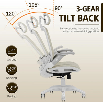 GABRYLLY Ergonomic Office Chair, High Back Home Desk Chair with Headrest, Flip-Up Arms, 90-120° Tilt Lock and Wide Cushion, Big and Tall Mesh Chairs for Man Woman, Black Task Chair