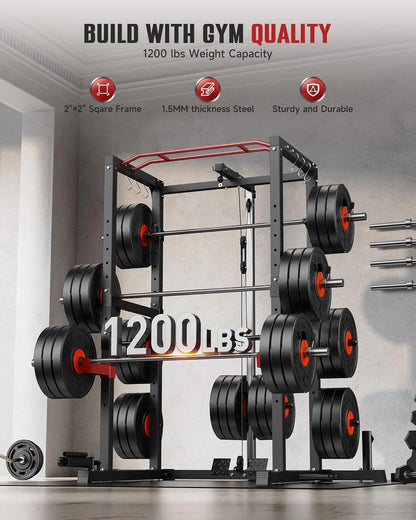 Sportsroyals Power Cage,1600lbs Multi-Function Power Rack with Adjustable Cable Crossover System and More Training Attachment, Weight Cage for Home Gym