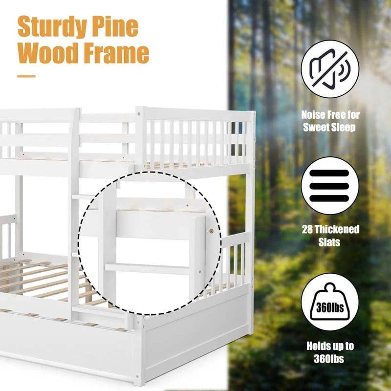 Solid Wood Full Over Full Bunk Bed Frame With Trundle Safety Ladder Amp Guardrails Convertible Bunk Bed For Kids Teens
