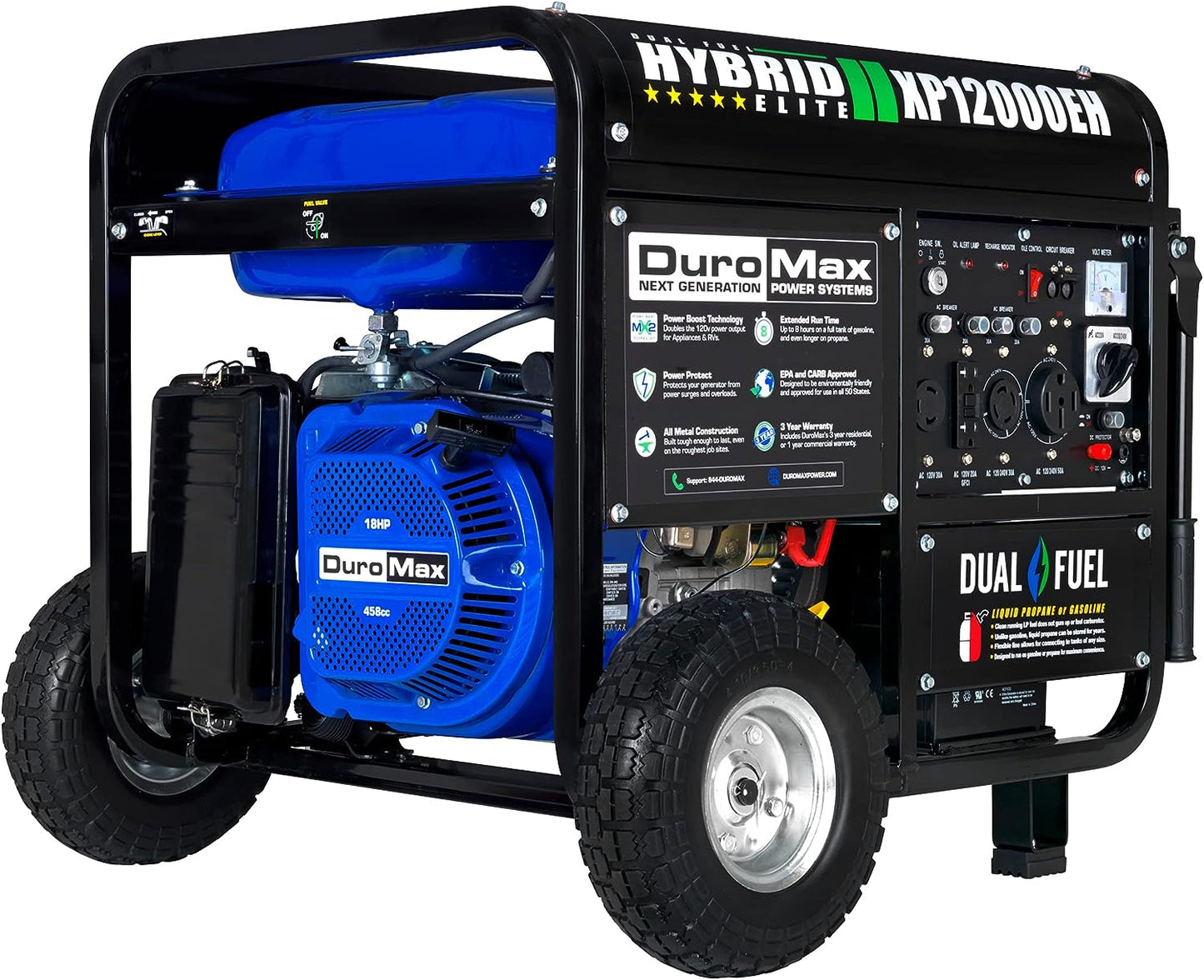 DuroMax XP12000EH Dual Fuel Generator – 12,000W Gas/Propane, 457cc 4-Stroke Engine, EPA/CARB Compliant