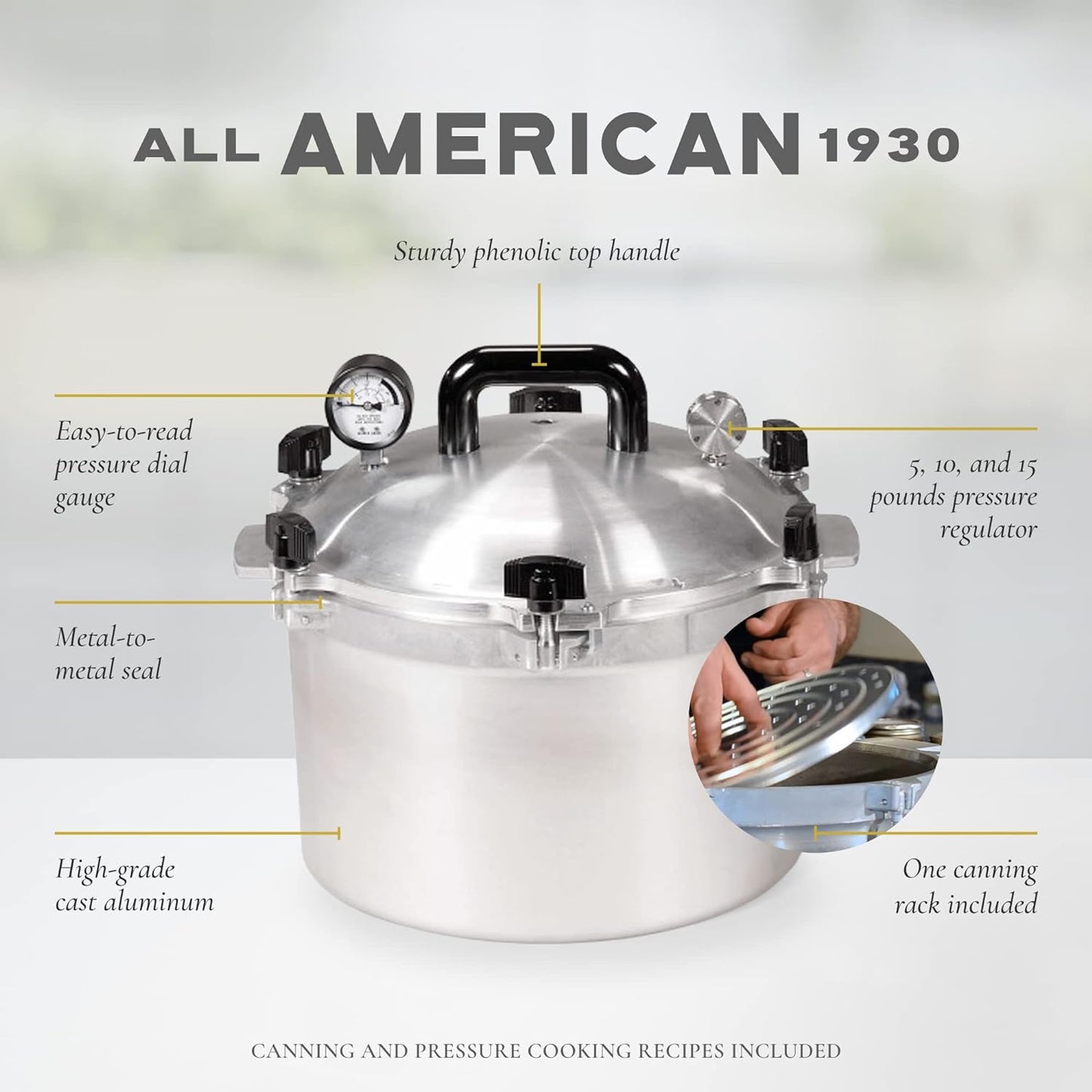 All American 1930: 21.5qt Pressure Cooker/Canner (The 921) – Exclusive Metal to Metal Sealing System – Easy to Open & Close – Suitable for Gas, Electric, or Flat Top Stoves – Made in the USA