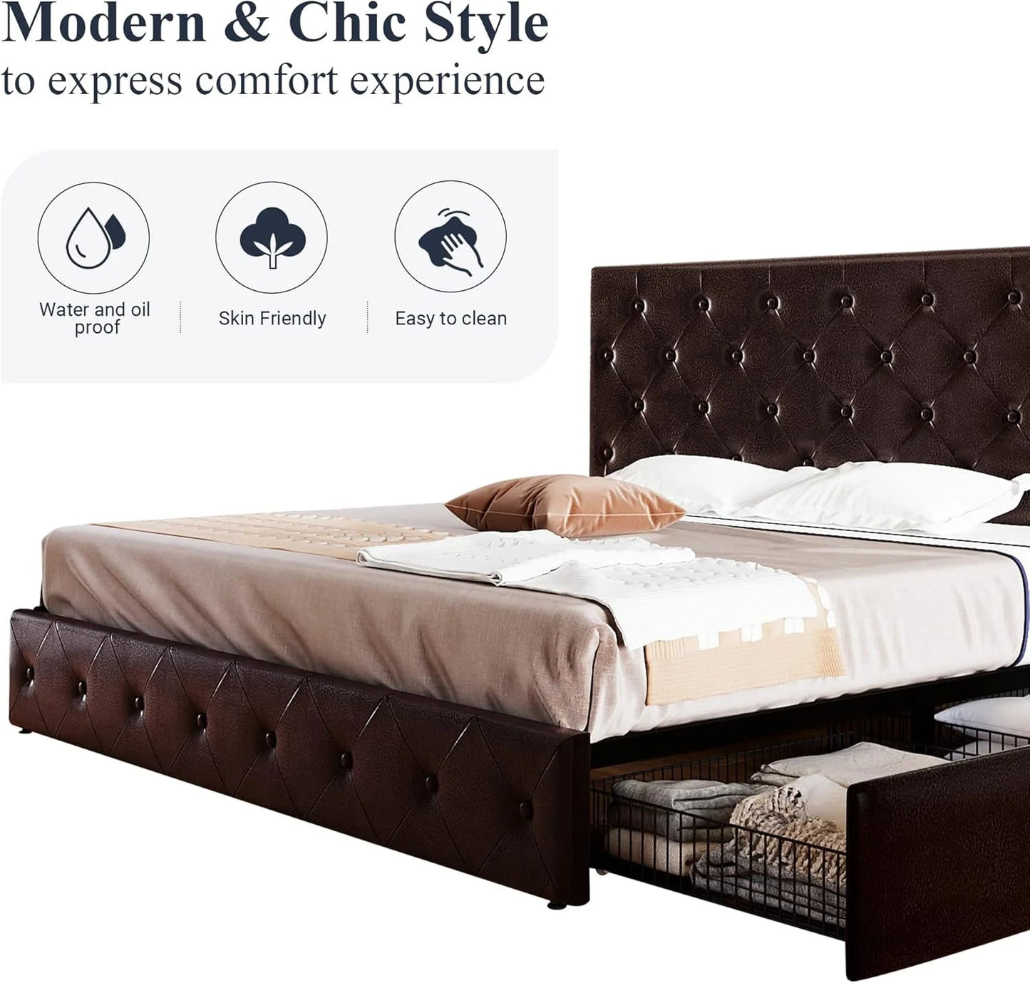 Allewie Upholstered Queen Size Platform Bed Frame with 4 Storage Drawers and Headboard, Square Stitched Button Tufted, Mattress Foundation with Wooden Slats Support, No Box Spring Needed, Light Grey