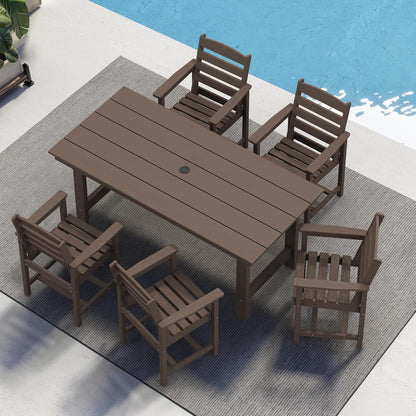 SERWALL 7-Piece Patio Table Set, Outdoor HDPE Dining Furniture with Umbrella Hole, All Weather Table and Chairs for Lawn, Garden, Poolside, Aruba