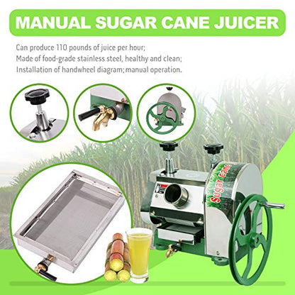 TRY YEAN Manual Sugarcane Juice Machine, Professional Stainless Steel Sugar Cane Juicer, 110LBS Output per Hour with 2 Inch Large Inlet Extractor, Handwheel Sugar Canes Squeezer for Commercial Home: Home & Kitchen