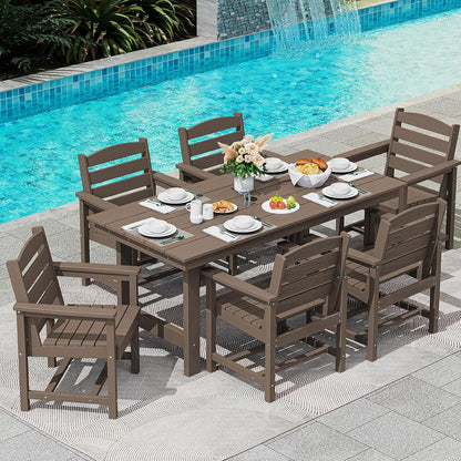 SERWALL 7-Piece Patio Table Set, Outdoor HDPE Dining Furniture with Umbrella Hole, All Weather Table and Chairs for Lawn, Garden, Poolside, Aruba