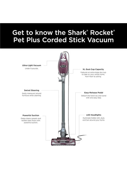 Shark HV322 Rocket Deluxe Pro Corded Stick Vacuum with LED Headlights, XL Dust Cup, Lightweight, Perfect for Pet Hair Pickup, Converts to a Hand Vacuum, with Pet Attachments, Bordeaux/Silver