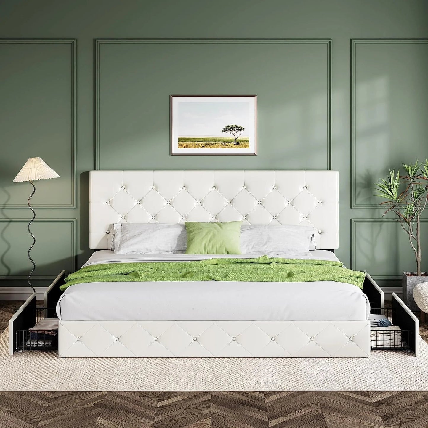 Allewie Upholstered Queen Size Platform Bed Frame with 4 Storage Drawers and Headboard, Square Stitched Button Tufted, Mattress Foundation with Wooden Slats Support, No Box Spring Needed, Light Grey