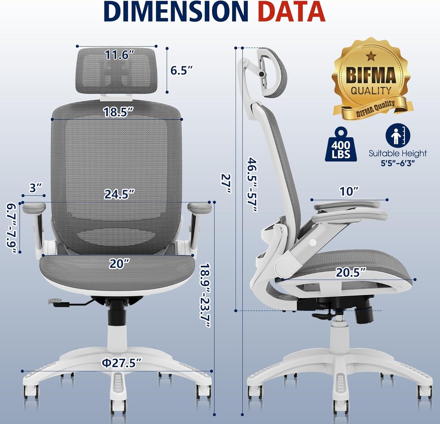 GABRYLLY Ergonomic Office Chair, High Back Home Desk Chair with Headrest, Flip-Up Arms, 90-120° Tilt Lock and Wide Cushion, Big and Tall Mesh Chairs for Man Woman, Black Task Chair