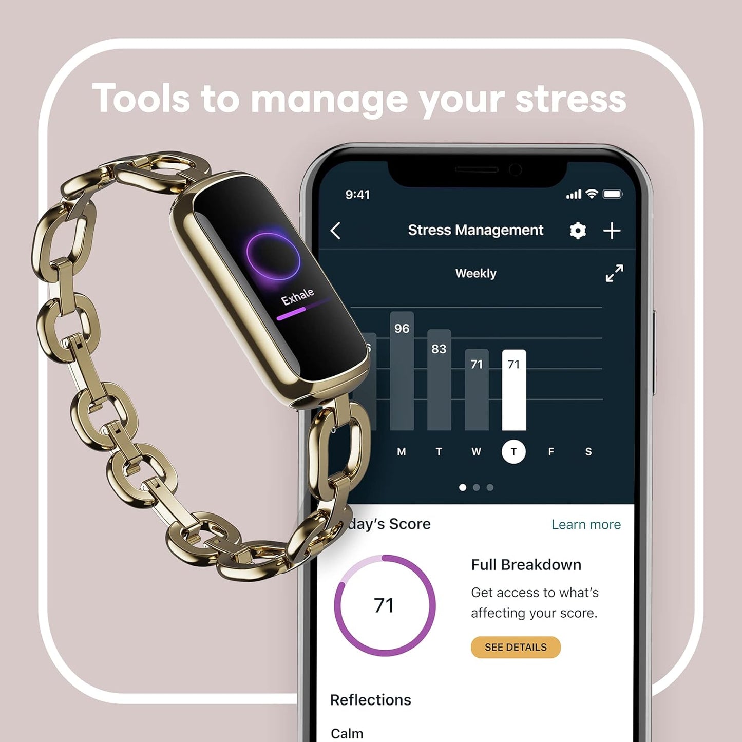 Fitness and Wellness-Tracker with Stress Management, Sleep-Tracking and 24/7 Heart Rate, One Size S L Bands Included, Lunar White/Soft Gold Stainless Steel, 1 Count