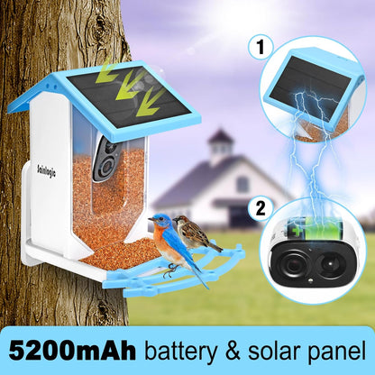 Smart Bird Feeder with 1080P HD Camera, Camera Bird Feeder Identify Bird Species with 2 Solar Panels, Video Bird Feeder with WiFi & Motion Detection, Smart Bird Feeders as Gifts(Light Blue)