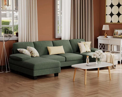 Furmax Sectional Couches for Living Room, U-Shaped Sofa Couch with Linen Fabric, 4 Seat Sofa Set with Double Chaise for Apartment (Fabric, Grey)