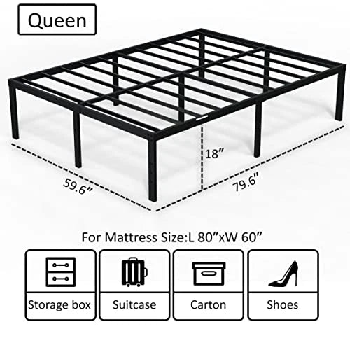 EMODA Queen Bed Frame No Box Spring Needed 18 Inch Heavy Duty Metal Tall Platform Bed Frame