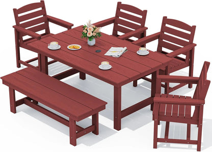 SERWALL 7-Piece Patio Table Set, Outdoor HDPE Dining Furniture with Umbrella Hole, All Weather Table and Chairs for Lawn, Garden, Poolside, Aruba