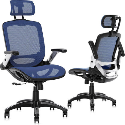 GABRYLLY Ergonomic Office Chair, High Back Home Desk Chair with Headrest, Flip-Up Arms, 90-120° Tilt Lock and Wide Cushion, Big and Tall Mesh Chairs for Man Woman, Black Task Chair
