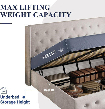 Allewie Queen Size Lift Up Storage Bed, Modern Wingback Headboard, Hydraulic Support, No Box Spring Needed, Light Beige