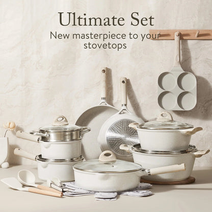 Carote Non Stick Pots and Pans Set, 21 Pcs Induction Kitchen Cookware Sets (Beige Granite)