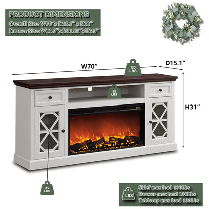 SinCiDo Farmhouse Fireplace TV Stand with 36" Electric Fireplace for 80 Inch TVs, 31" Tall Entertainment Center w/Drawer & Diamond Panel Door, Highboy Media Console for Living Room, 70inch, White