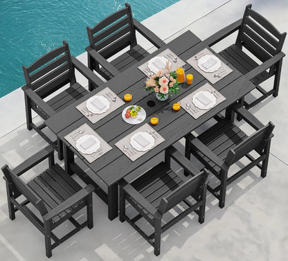 SERWALL 7-Piece Patio Table Set, Outdoor HDPE Dining Furniture with Umbrella Hole, All Weather Table and Chairs for Lawn, Garden, Poolside, Aruba