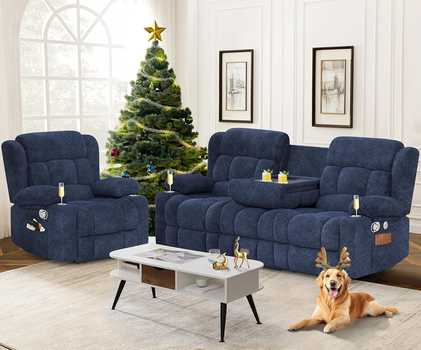 3 Seat Reclining Sofa with Storage Drawer USB Ports & Cup Holders Manual Couch