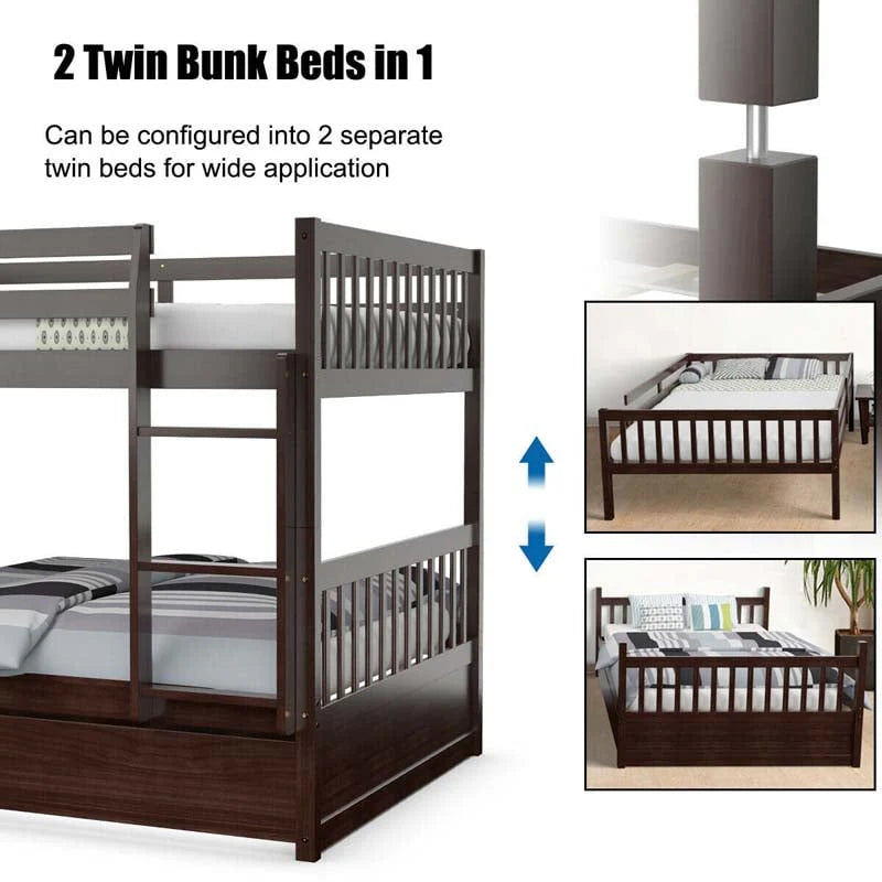 Solid Wood Full Over Full Bunk Bed Frame With Trundle Safety Ladder Amp Guardrails Convertible Bunk Bed For Kids Teens