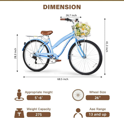 WEIZE Beach Cruiser Bike, 26 inch Commuter Bicycle for Adult Men and Women, 7-Speed/High-Carbon Steel/Front & Rear Fenders, Comfortable City Bikes with Rear Rack or Basket, Ergonomic Upright Design