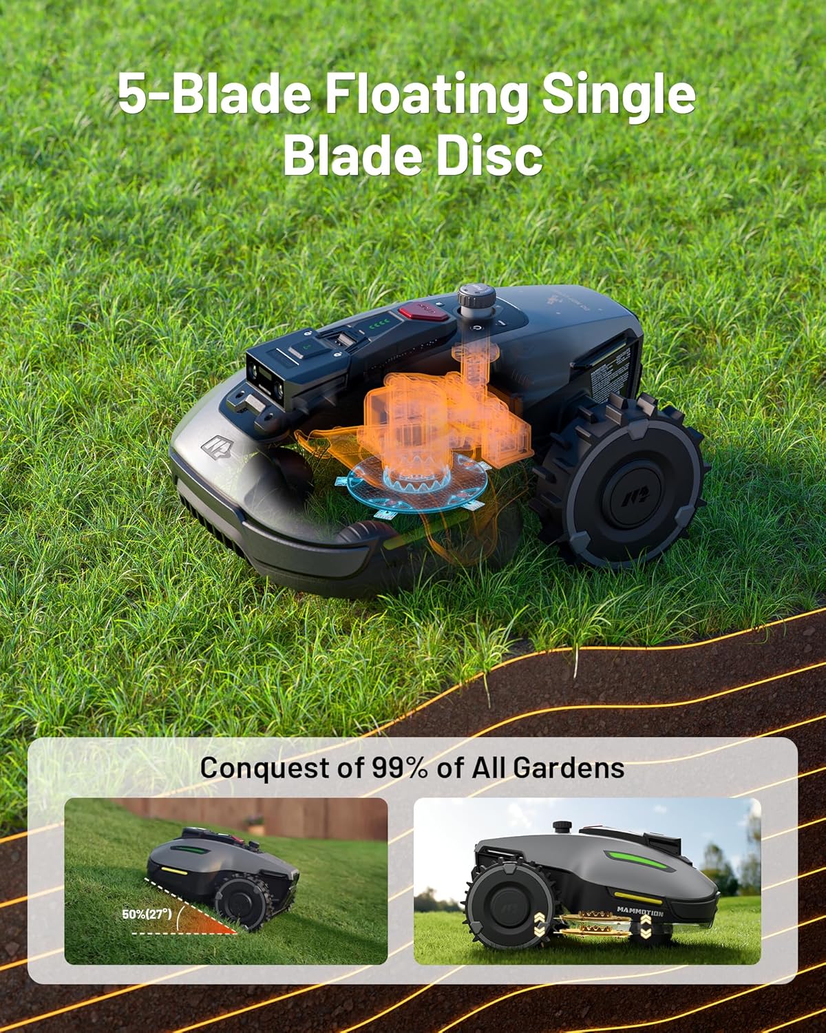 YUKA Mini 500H Robot Lawn Mower Reception 0.12 Acre, Max. 0.17 Acre, Ultrasense AI Vision+ RTK Positioning, Auto Mapping, App Control,45% Slope, Cutting Height 2''~3.5'', 3 Mowing Zones