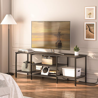 TV Stand with Power Outlets to 75 Inches, TV Console Table with Open Storage Shelves Cabinet, Industrial Media Entertainment Center for Living Room Bedroom, Rustic Brown and Black BF60DS01