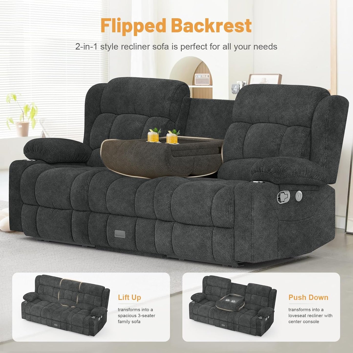3 Seat Reclining Sofa with Storage Drawer USB Ports & Cup Holders Manual Couch