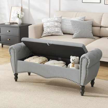 Furniliving Modern Storage Ottoman Bench, Sherpa Ottoman End of Bed Bench with Solid Wood Legs Upholstered Ottoman Benches with Storage Indoor Bench for Living Room with Rolled Arm, Entryway, White