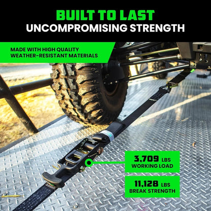 Car Tie Down Straps for Trailers with J Hooks (4-Pack) - 2 Inch x 8 Feet (10,000lb Break Strength) - Heavy Duty T-Handle Car Hauler Tire Straps for Trailer & UTV with Axle Straps - Black