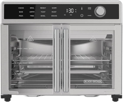 Crisp 'N Bake Air Fryer Toaster Oven Combo, 12 in 1 Countertop Convection Oven Cooks Food Fast, Fits a Whole Pizza or 6 Toast Slices, French Doors with Stainless Steel Finish