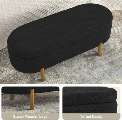 Furniliving Modern Storage Ottoman Bench, Sherpa Ottoman End of Bed Bench with Solid Wood Legs Upholstered Ottoman Benches with Storage Indoor Bench for Living Room with Rolled Arm, Entryway, White