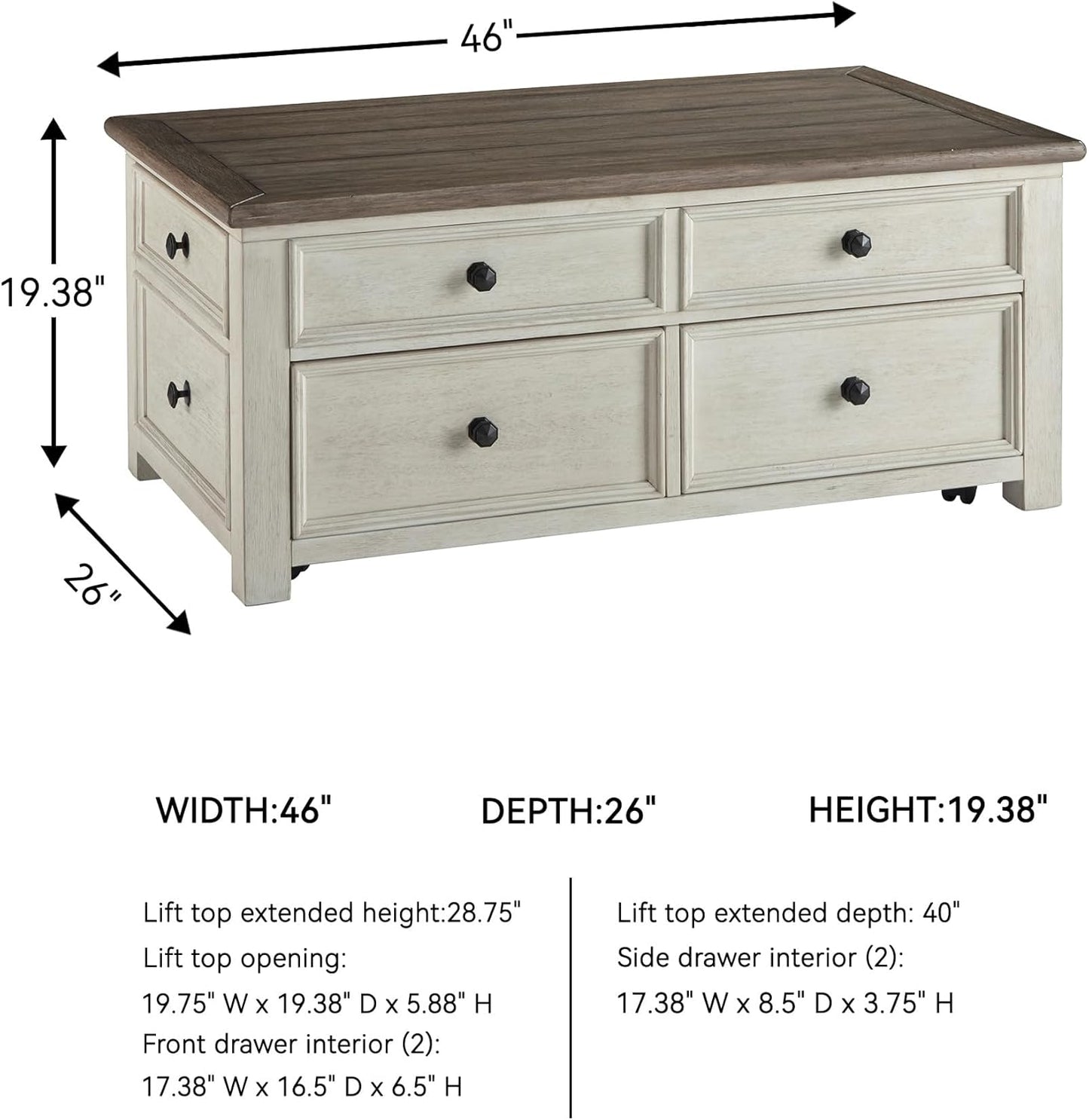Ashley Bolanburg Lift Top Coffee Table with Drawers, Antique Cream & Brown