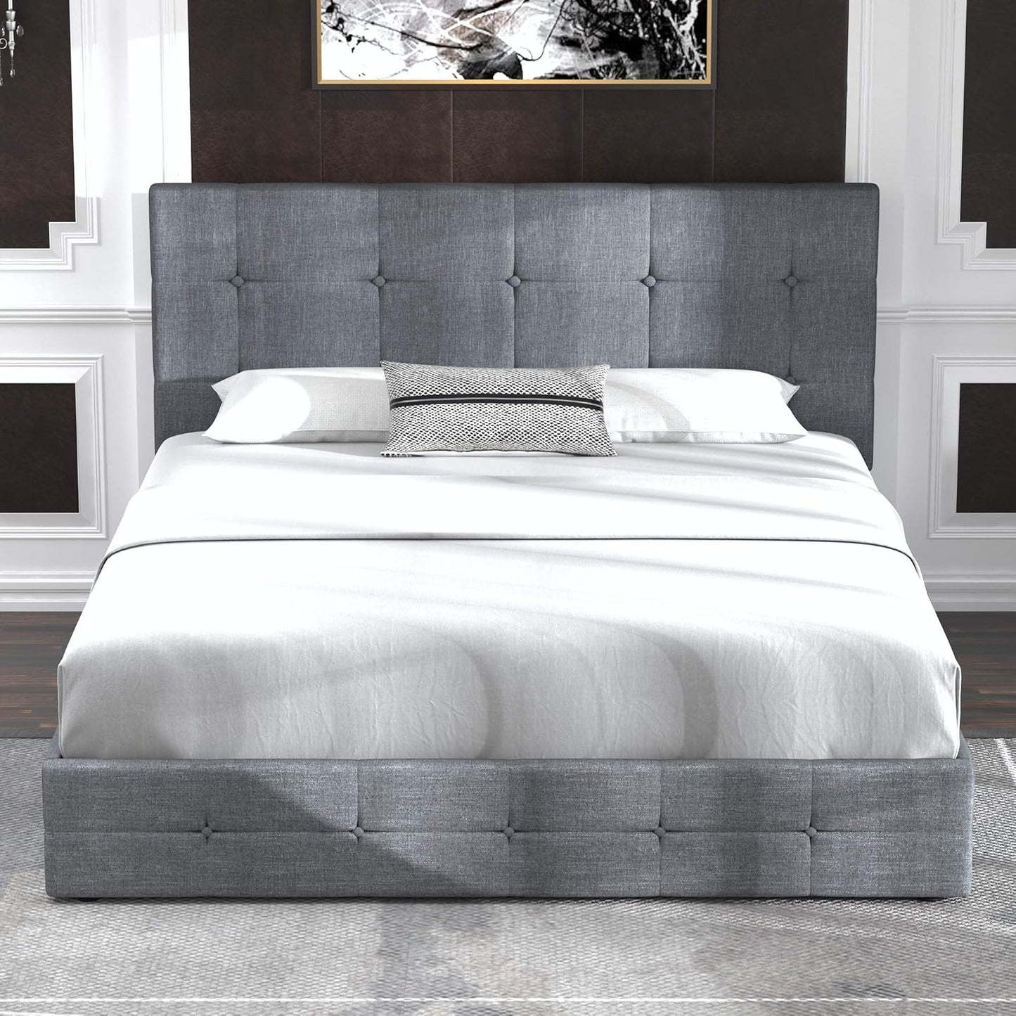 Allewie Upholstered Queen Size Platform Bed Frame with 4 Storage Drawers and Headboard, Square Stitched Button Tufted, Mattress Foundation with Wooden Slats Support, No Box Spring Needed, Light Grey