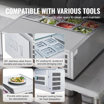 Refrigerated Condiment Prep Station, 135 W Countertop Refrigerated Condiment Station, with 2 1/3 Pans & 4 1/6 Pans, 304 Stainless Body and PC Lid, Sandwich Prep Table with Stainless Guard, ETL