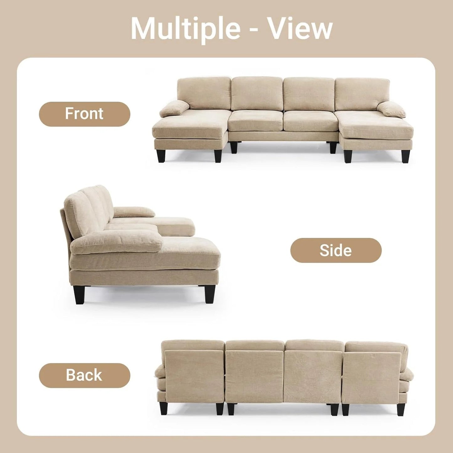 VINGLI 110" Sectional Couches for Living Room,U Shaped Couch with Double Chaise, 4-Seat Sofa Set with Chenille Fabric for Home Furniture,Beige