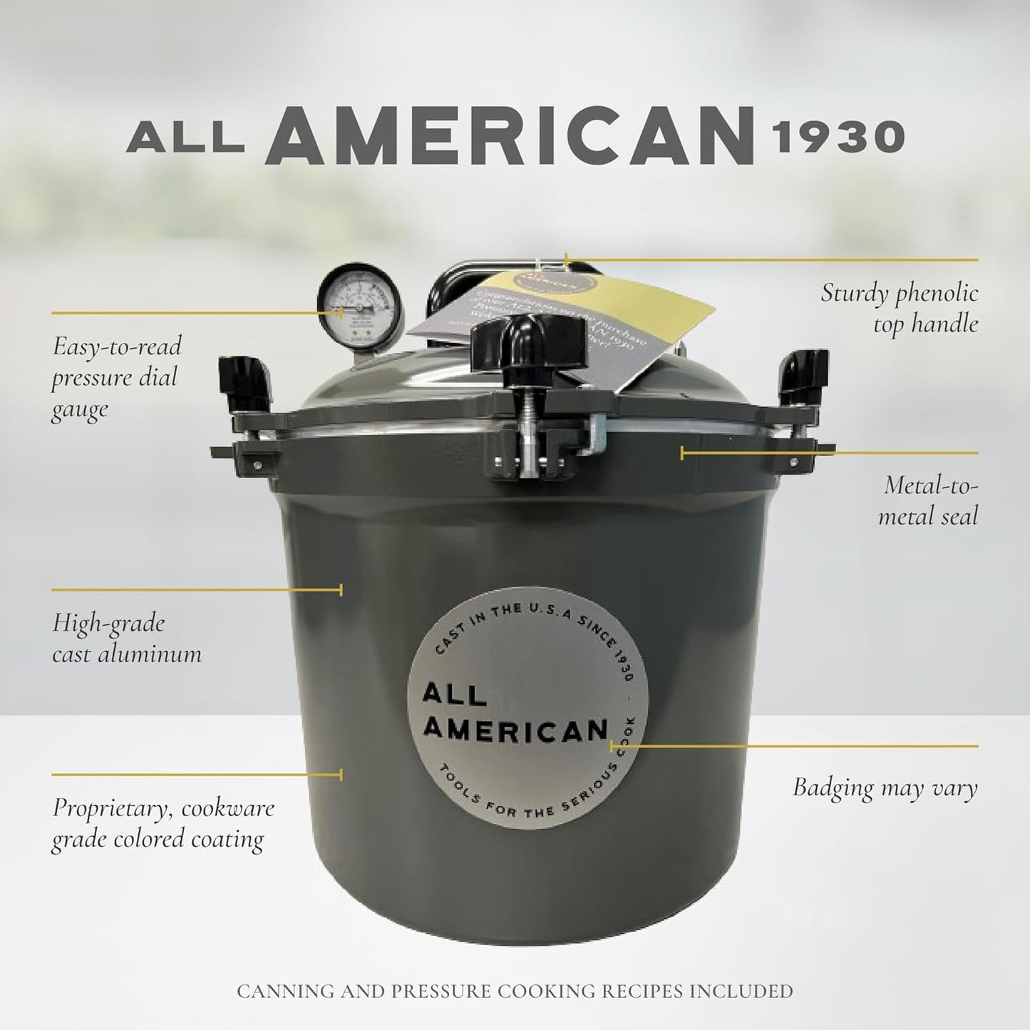 All American 1930: 21.5qt Pressure Cooker/Canner (The 921) – Exclusive Metal to Metal Sealing System – Easy to Open & Close – Suitable for Gas, Electric, or Flat Top Stoves – Made in the USA