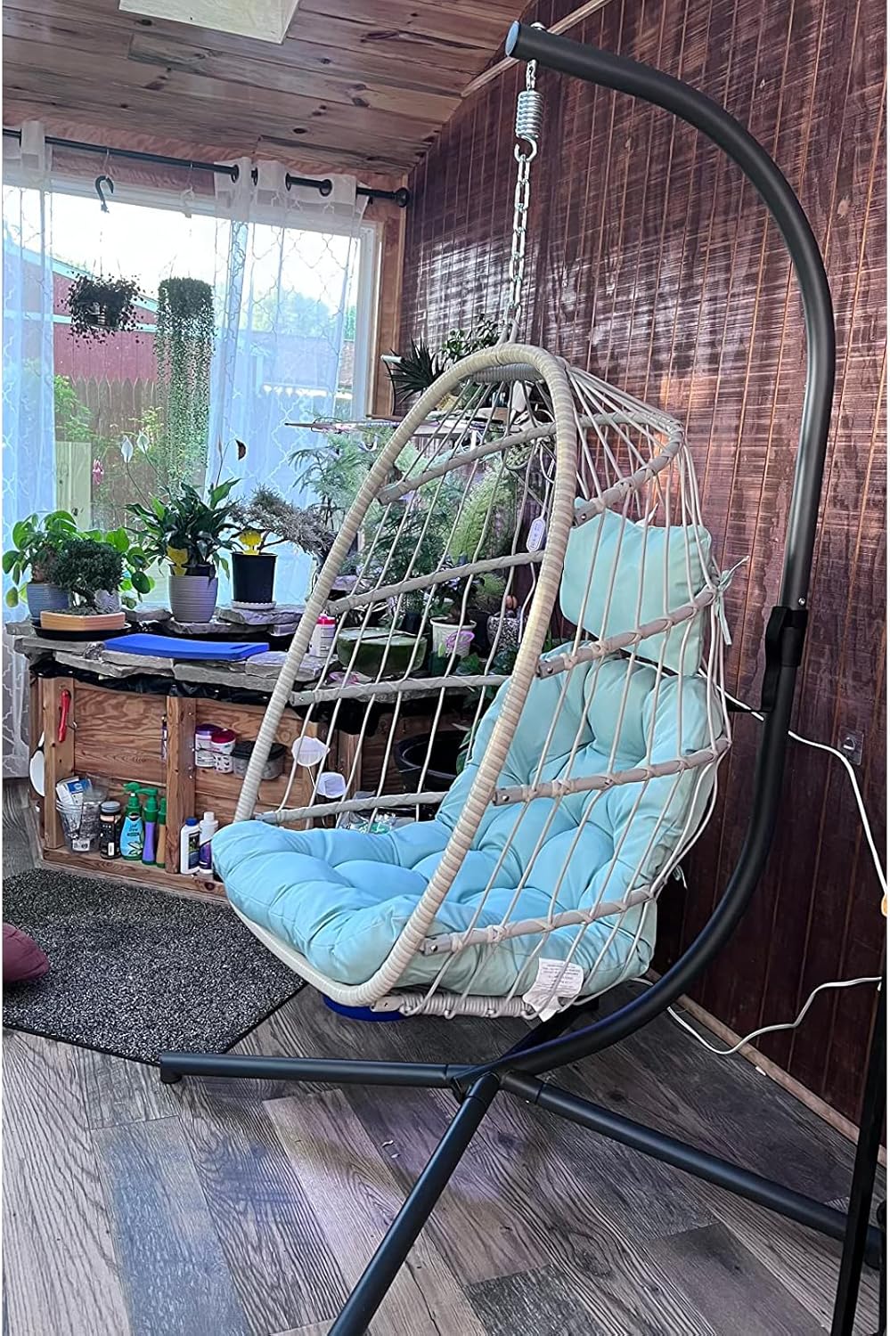 Yechen Indoor Outdoor Egg Hanging Chair with Stand, Patio Wicker Swing Egg Chair Indoor Swinging Chair Outdoor Hammock Egg Chair 350lbs Capacity for Patio Bedroom Balcony, Charcoal Grey (EG-001)