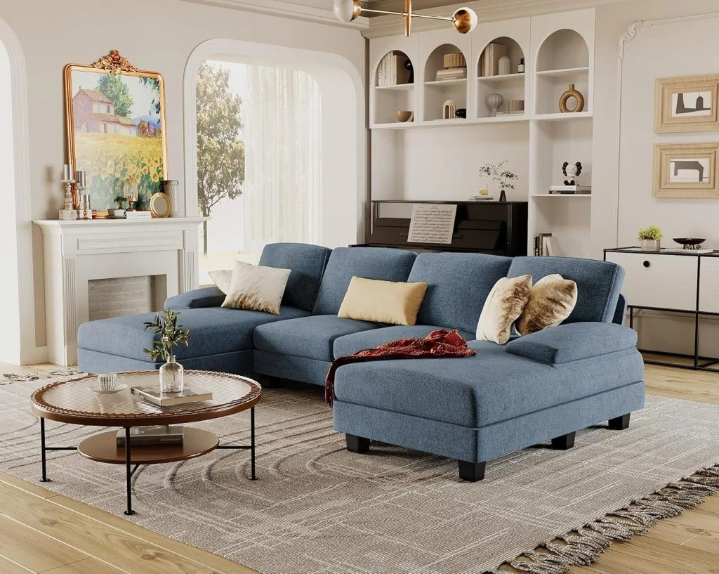 Furmax Sectional Couches for Living Room, U-Shaped Sofa Couch with Linen Fabric, 4 Seat Sofa Set with Double Chaise for Apartment (Fabric, Grey)
