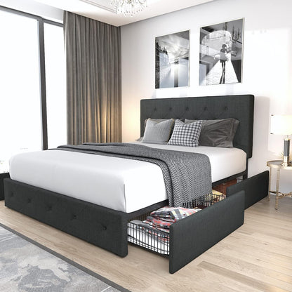 Allewie Upholstered Queen Size Platform Bed Frame with 4 Storage Drawers and Headboard, Square Stitched Button Tufted, Mattress Foundation with Wooden Slats Support, No Box Spring Needed, Light Grey