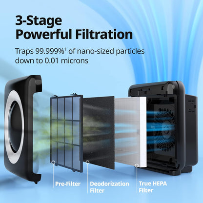 True HEPA Purifier with Air Quality Monitoring, Auto, Timer, Filter Indicator, and Eco Mode, 16.8 x 18.3 x 9.7, White