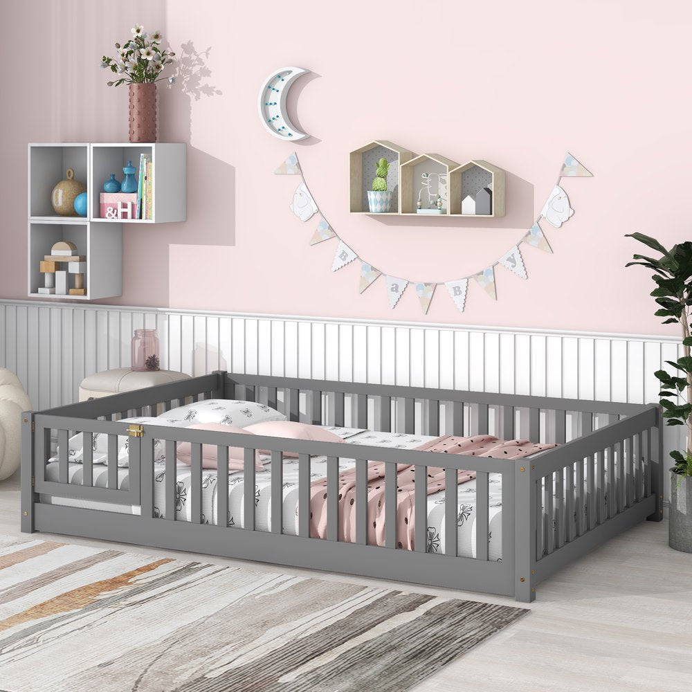 Uhomepro Full Size Kids Floor Bed with Fence & Door, Pine Wood, Playhouse Design