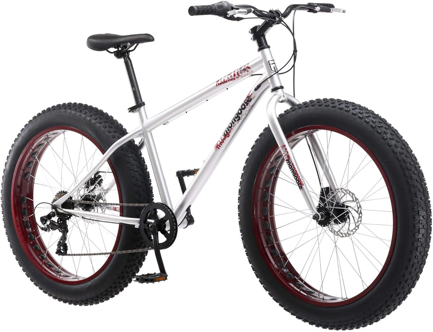 Mongoose Malus Mens and Women Fat Tire Mountain Bike, 26-Inch Bicycle Wheels, 4-Inch Wide Knobby Tires, Steel Frame, 7 Speed Drivetrain, Shimano Rear Derailleur, Disc Brakes