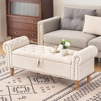 Furniliving Modern Storage Ottoman Bench, Sherpa Ottoman End of Bed Bench with Solid Wood Legs Upholstered Ottoman Benches with Storage Indoor Bench for Living Room with Rolled Arm, Entryway, White